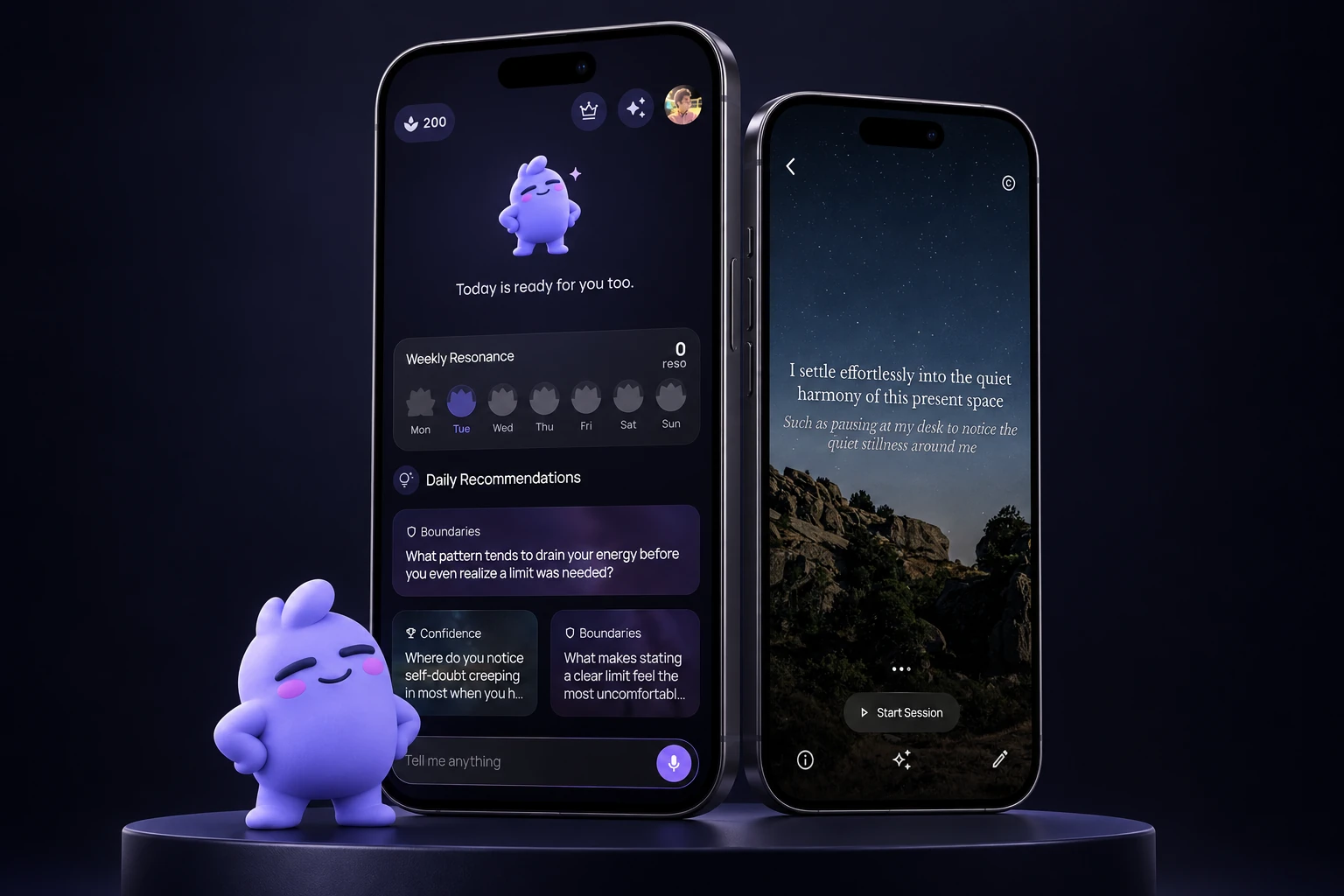 Akoh’s purple mascot beside two iPhones showing personal recommendations and a peaceful affirmation