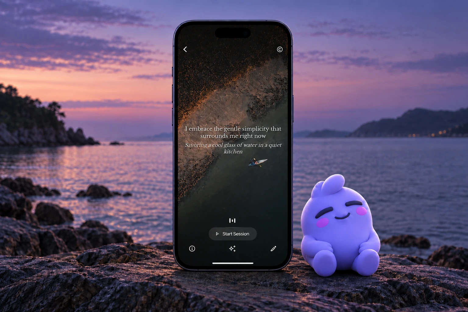 An Akoh affirmation on an iPhone beside the resting purple mascot, overlooking a quiet coast at dusk